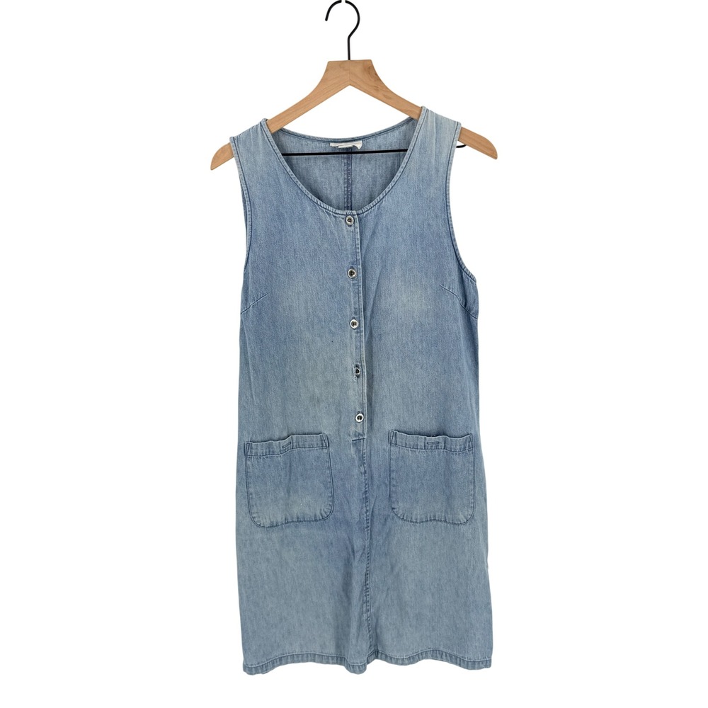 Vintage Talbots Denim Jumper Dress Light Wash 10 Sleeveless Buttons Pockets 90s